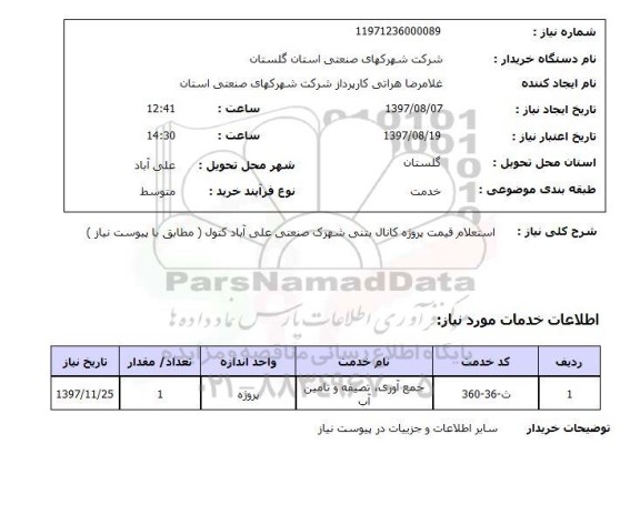  استعلام, قیمت پروژه کانال بتنی شهرک صنعتی