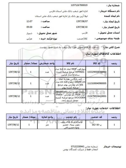 استعلام, استعلام ساخت کارهای چوبی مورد نیاز شعب