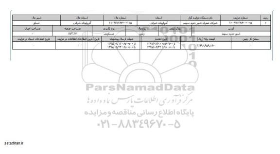 مزایده,مزایده زمین مسکونی عرصه 873.24