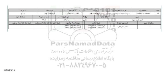 مزایده,مزایده زمین تجاری عرصه 37.5