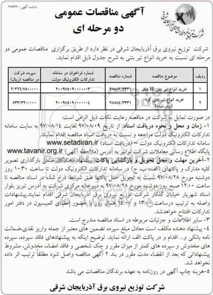 آگهی مناقصه عمومی, مناقصه خرید انواع تیر بتنی