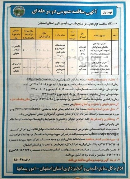 مناقصه عمومی, مناقصه عمومی اجرای سازه های مکانیکی و بیولوژیکی حوضه آبخیز ...
