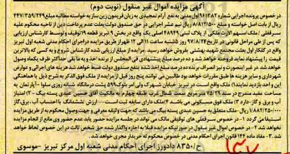مزایده،مزایده ملک بخش 9 تبریز مساحت 75.29متر