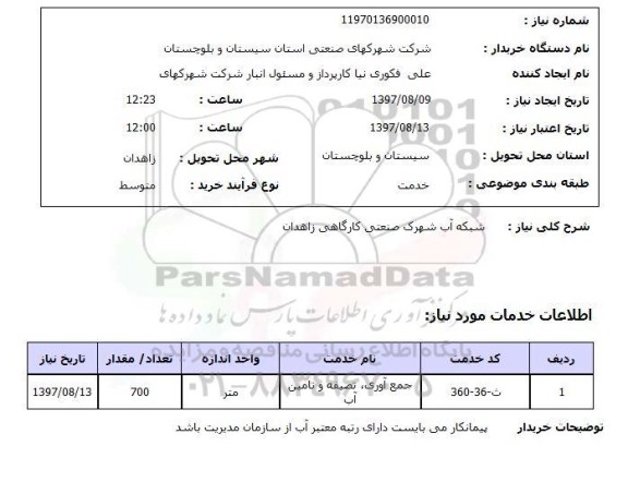 استعلام ,استعلام شبکه آب شهرک صنعتی کارگاهی 