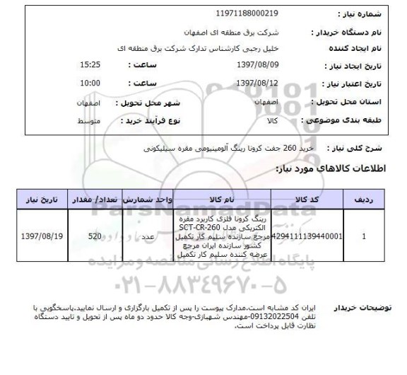 استعلام,استعلام خرید 260 جفت کرونا رینگ آلومینیومی مقره سیلیکونی 