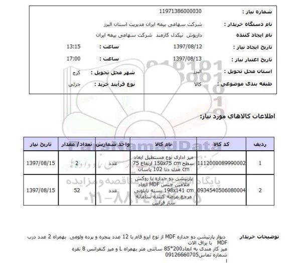 استعلام , استعلام میز اداری ، پارتیشن دو جداره 