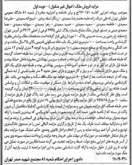 مزایده،مزایده یک باب خانه مسکونی قدیمی 100 مترمربع 