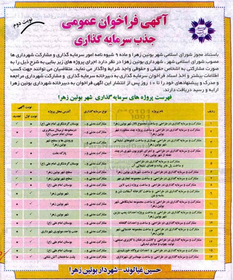 مناقصه ,آگهی مشارکت و سرمایه گذاری در طراحی و ساخت مجموع تالار  و...نوبت دوم