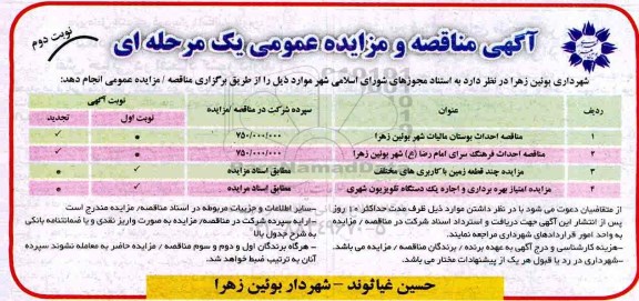 مزایده ,مزایده چند قطعه زمین با کاربری های مختلف، امتیاز بهره برداری و...نوبت دوم 