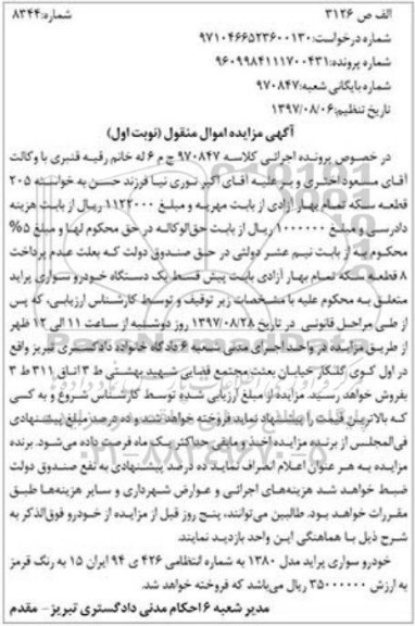 آگهی مزایده, مزایده خودرو سواری پراید مدل 1380