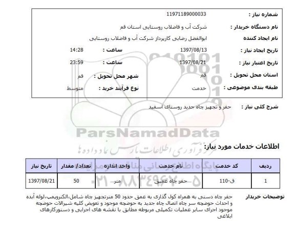 استعلام,حفرو تجهیز چاه جدید