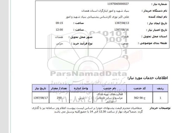 استعلام, استعلام فعالیت های تهیه غذای مراسم و سایر خدمات غذایی