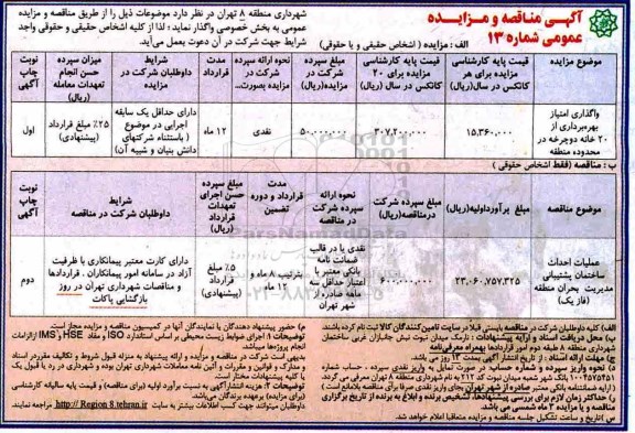مزایده, مزایده واگذاری امتیاز بهره بردازی از 20 خانه دوچرخه در محدوده منطقه