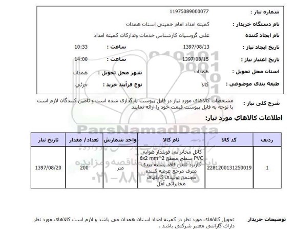 استعلام, استعلام کابل مخابراتی فویل دار هوایی