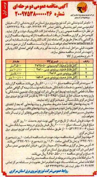 مناقصه, مناقصه کابل فشار ضعیف آلومینیومی 