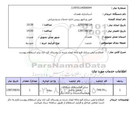 استعلام, اصلاح و ایمن سازی فرو چاله ایجاد شده در روستای