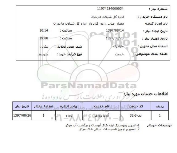 استعلام, تجهیز و بهسازی لوله های آبرسان و برگشت آب مرکز و ..