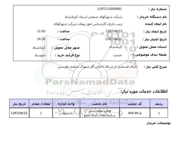 استعلام,استعلام اجرای قسمتی از شبکه داخلی گاز شهرک صنعتی هرسین 