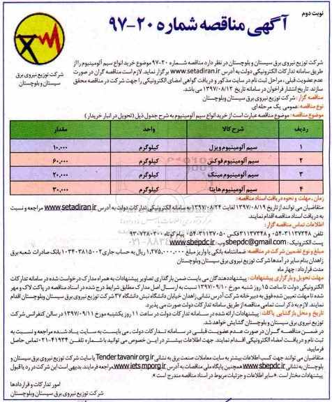 آگهی مناقصه, مناقصه خرید انواع سیم آلومینیوم  نوبت دوم 
