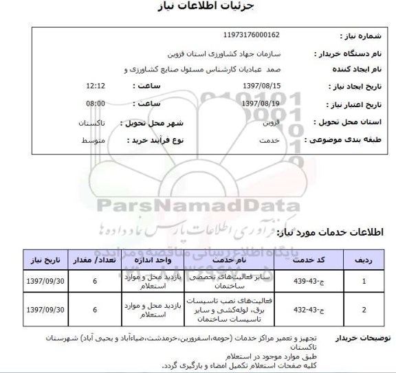 استعلام , استعلام سایر فعالیت های تخصصی ساختمان 