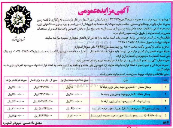 آگهی مزایده عمومی ، مزایده واگذاری 5 قطعه زمین