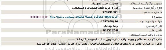 استعلام , استعلام خرید 4000 کیلوگرم کیسه محتوی سبوس برشته برنج 