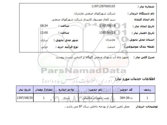 استعلام, استعلام   تجهیز چاه آب ...