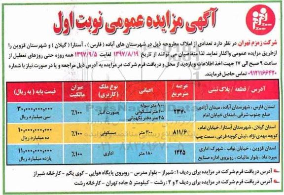آگهی مزایده عمومی, مزایده واگذاری تعدادی از املاک 