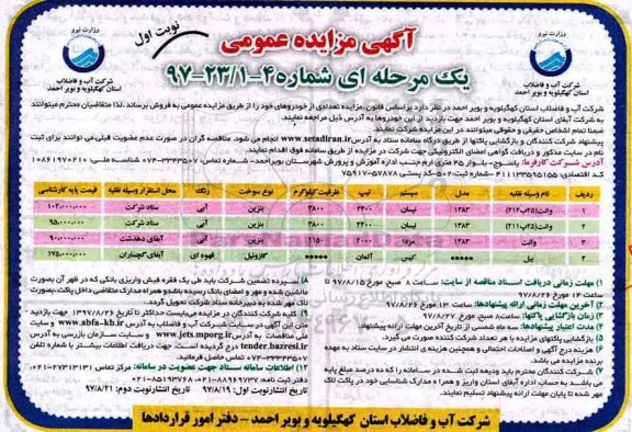 ﻿آگهی مزایده عمومی یک مرحله ای,مزایده فروش تعدادی از خودروها