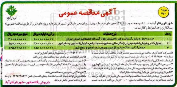 آگهی مناقصه عمومی , مناقصه خرید و حمل و پخش آسفالت و قیر با فینیشر - نوبت دوم 