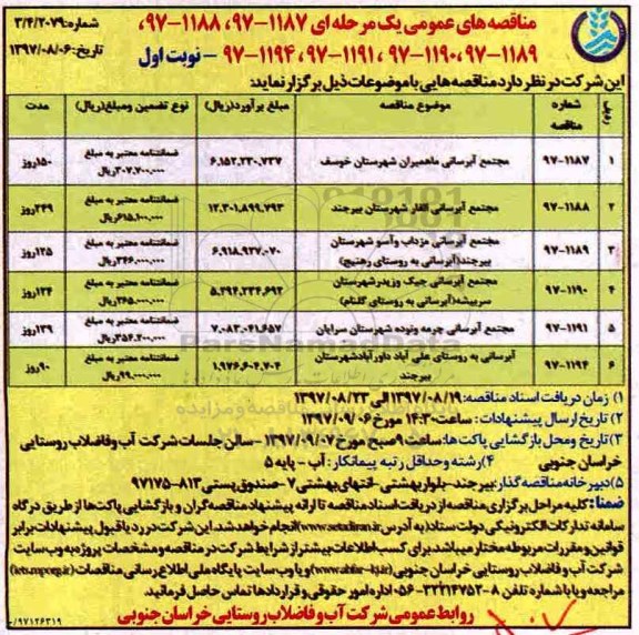 مناقصه های عمومی , مناقصه مجتمع آبرسانی 