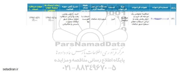 مناقصه عمومی, مناقصه خرید، حمل، پخش، پخت و تراش آسفالت معابر