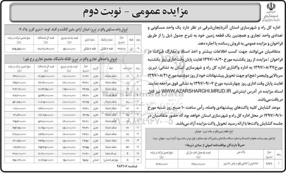 مزایده عمومی, مزایده فروش یا اجاره یک واحد مسکونی و تعدادی واحد تجاری و همچنین یک قطعه زمین - نوبت دوم 