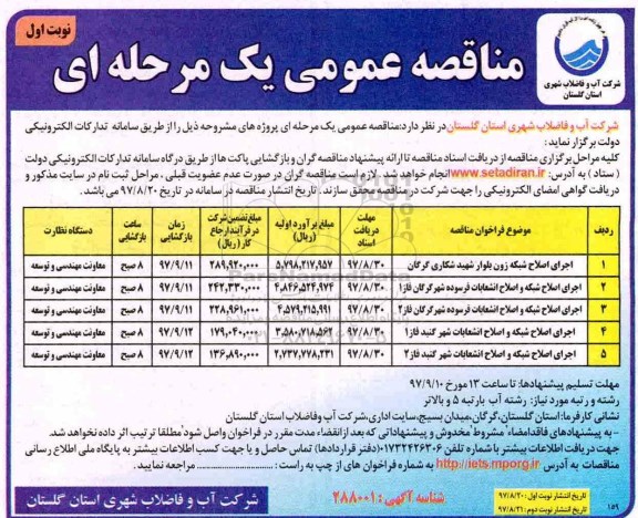 مناقصه , مناقصه اجرای اصلاح شبکه 