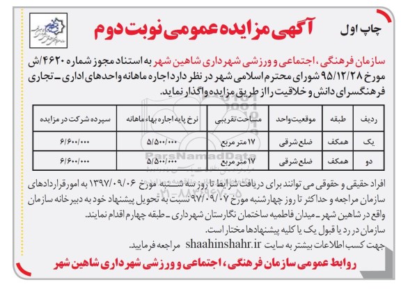 مزایده, مزایده اجاره ماهانه واحدهای اداری - تجاری