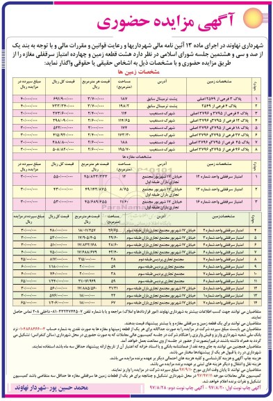 آگهی مزایده حضوری , مزایده واگذاری 8 قطعه زمین و 14 امتیاز سرقفلی مغازه