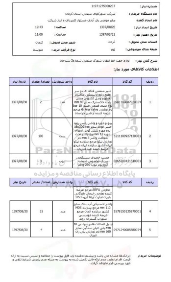 استعلام,استعلام لوازم جهت خط انتقال شهرک صنعتی شماره 2 سیرجان 