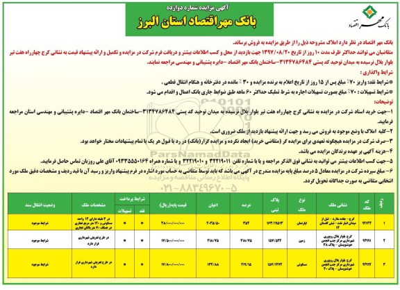مزایده,مزایده فروش املاک نوع آپارتمان و زمین و مسکونی استان البرز