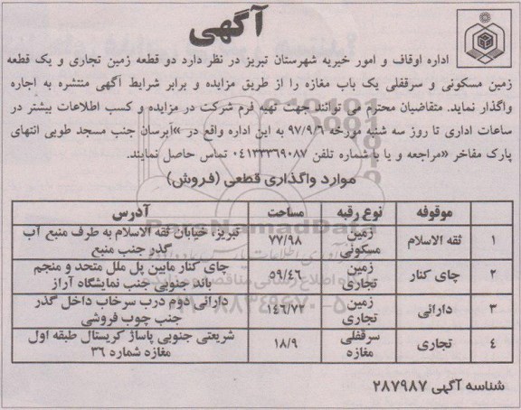 آگهی مزایده ,مزایده دو قطعه زمین تجاری و یک قطعه زمین مسکونی و سرقفلی یک باب مغازه