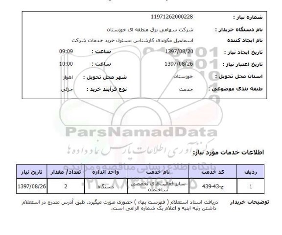 استعلام, استعلام سایر فعالیت های تخصصی ساختمان 