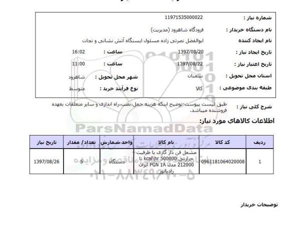 استعلام, استعلام مشعل فن دار گازی...