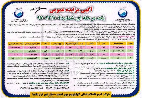 آگهی مزایده عمومی یک مرحله ای,مزایده فروش تعدادی از خودروها نوبت دوم