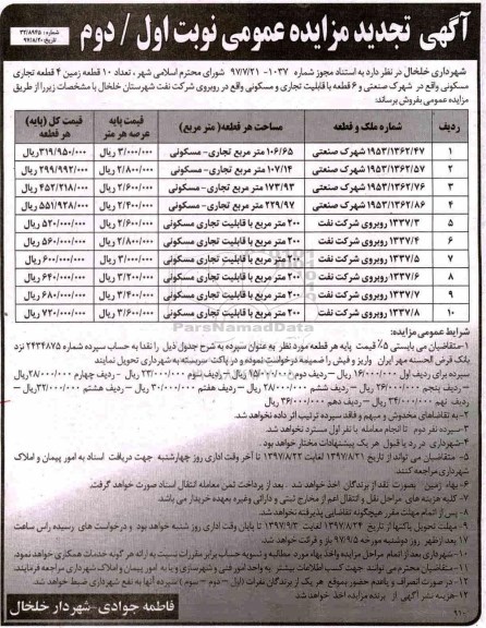 مزایده, مزایده فروش تعداد 10 قطعه زمین و 4 قطعه تجاری مسکونی