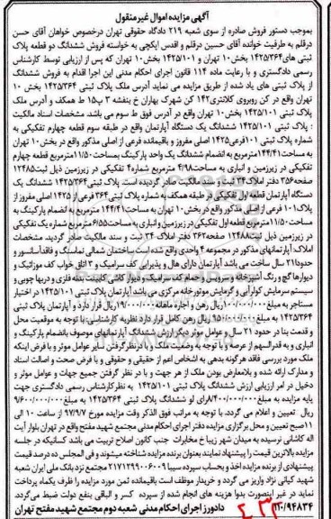 مزایده ، مزایده ششدانگ دو قطعه پلاک ثبتی 1425/364 بخش ده تهران
