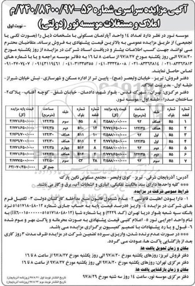  مزایده , مزایده فروش 14 واحد آپارتمان مسکون
