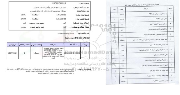 استعلام, مواد مصرفی رشته تاسیسات