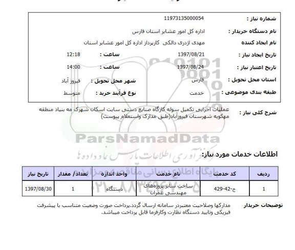 استعلام, عملیات اجرایی تکمیل سوله کارگاه صنایع دستی