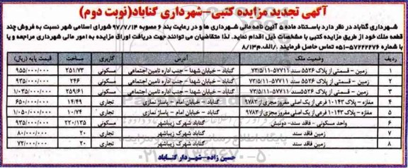 مزایده,اگهی تجدید مزایده فروش چند قطعه ملک کاربری مسکونی و تجاری نوبت دوم