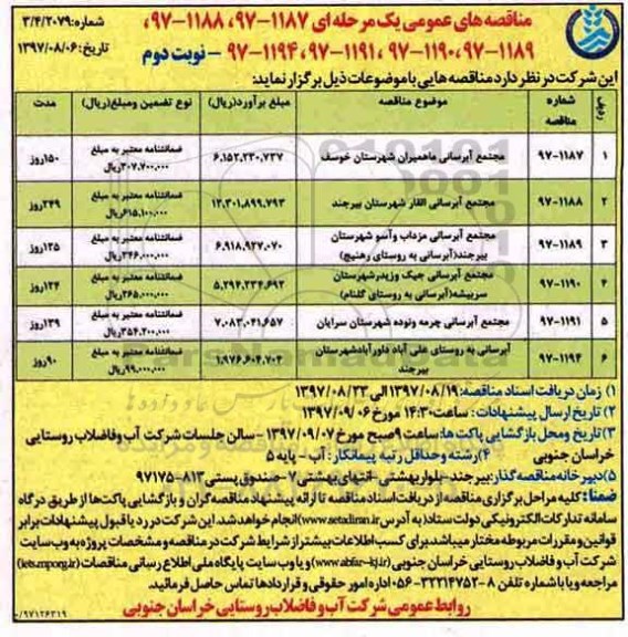 مناقصه های عمومی , مناقصه مجتمع آبرسانی - نوبت دوم 