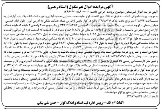 مزایده،مزایده ششدانگ یک باب آپارتمان 128/74 مترمربع